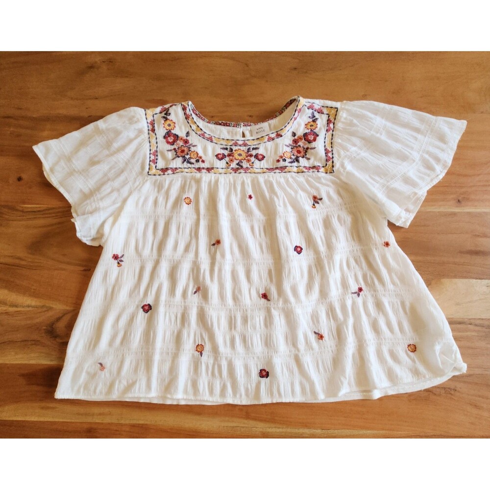 Knox Rose White Embroidered Smocked Boho Peasant Blouse Women's Size XXL EUC